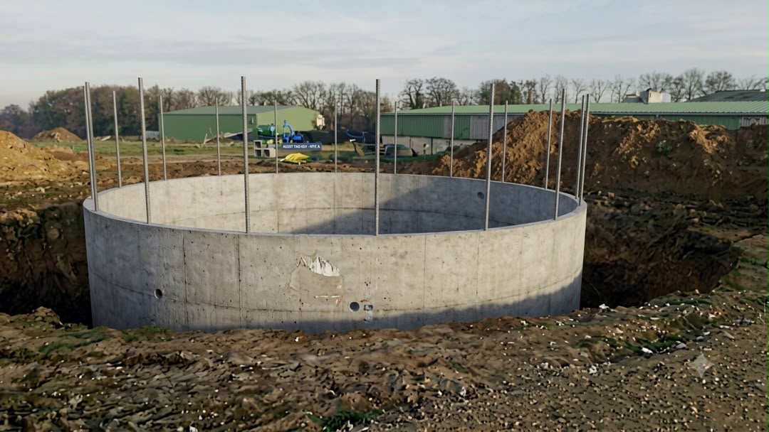 Chantier d'installation d'une fosse en béton pour exploitation agro-industrielle